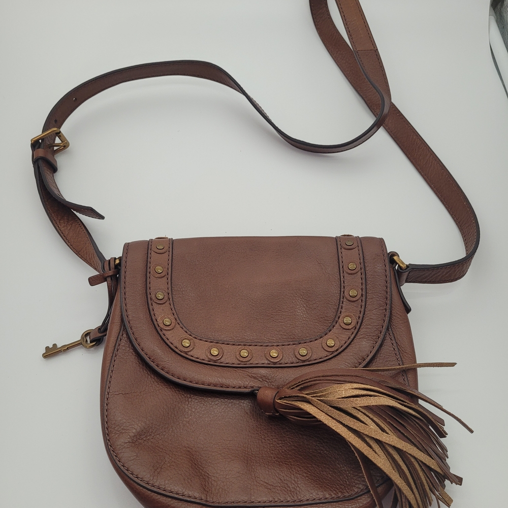 Fossil Brown Leather Crossbody Bag with Tassel